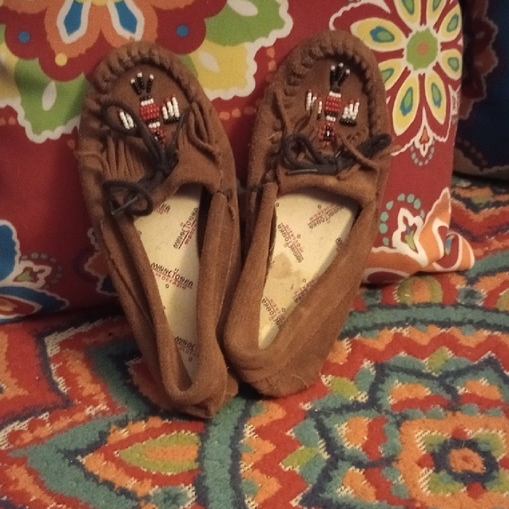Brown Moccasin Slippers with Beaded Design